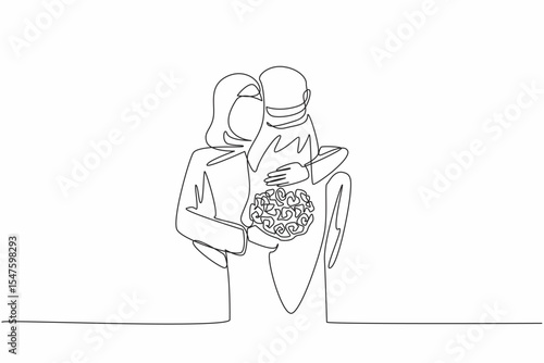 Single one line drawing husband and wife hugging with wife carry bouquet of flowers. Wife happy with little surprise. Rose of love. Couple Appreciation Day. Continuous line design graphic illustration