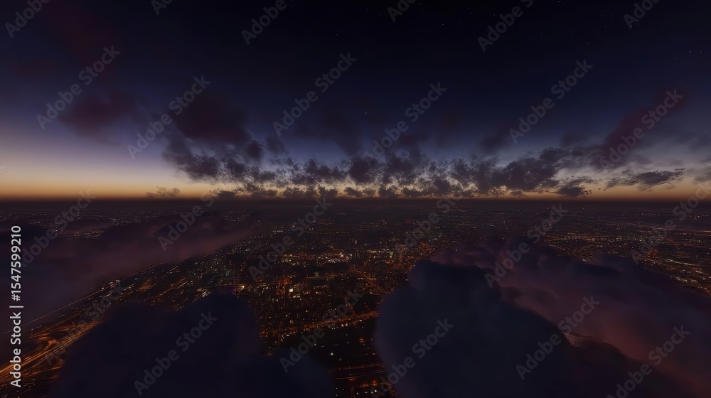 Fototapeta premium Flying over the deep night timelapse clouds with moonlight, seamlessly looped animation, flight through moving cloudscape over city lights