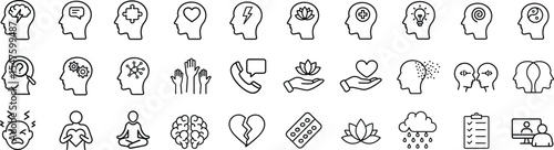 Mental Health and Wellbeing Line Icons Set. Contains such icons as Anxiety, Care, Depression, Emotional Stress, Healthcare, Medicine, Human Brain, Loneliness, Psychotherapy, Sadness, Support, Therapy.