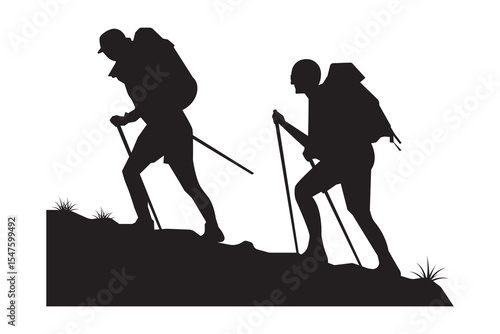 two mountain climbers silhouette vector illustration.