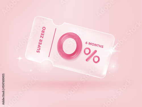 Zero percentage credit and Discount coupon online purchases. Transparency Tag label, banner with Pink Percentage isolated. 3d rendering.	