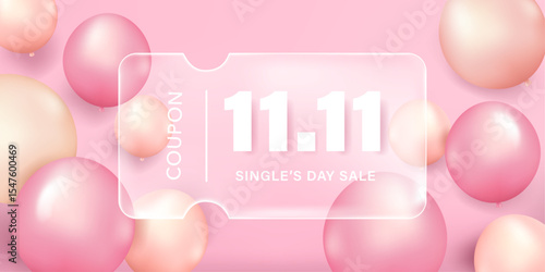 Transparency glass coupon label with 3D pink pastel balloon. Discount offer tag with shiny, glossy, reflective surface.