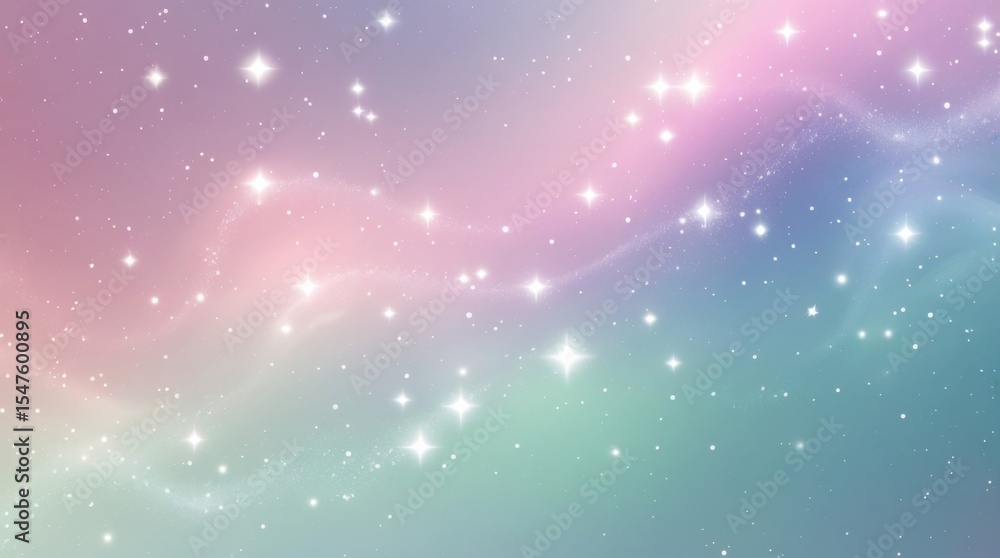 Obraz premium A celestial-inspired gradient background that transitions smoothly from soft pink to periwinkle blue and mint green. Tiny, glowing stars and subtle nebula-like mist create a cosmic yet elegant ambianc