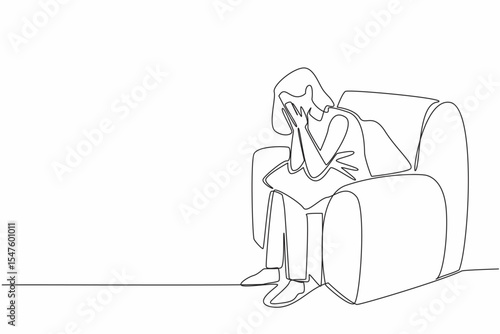 Continuous one line drawing woman sitting on a single sofa covering face with both palms. Receiving bad treatment. Stress. National Anxiety Screening Day. Single line draw design vector illustration