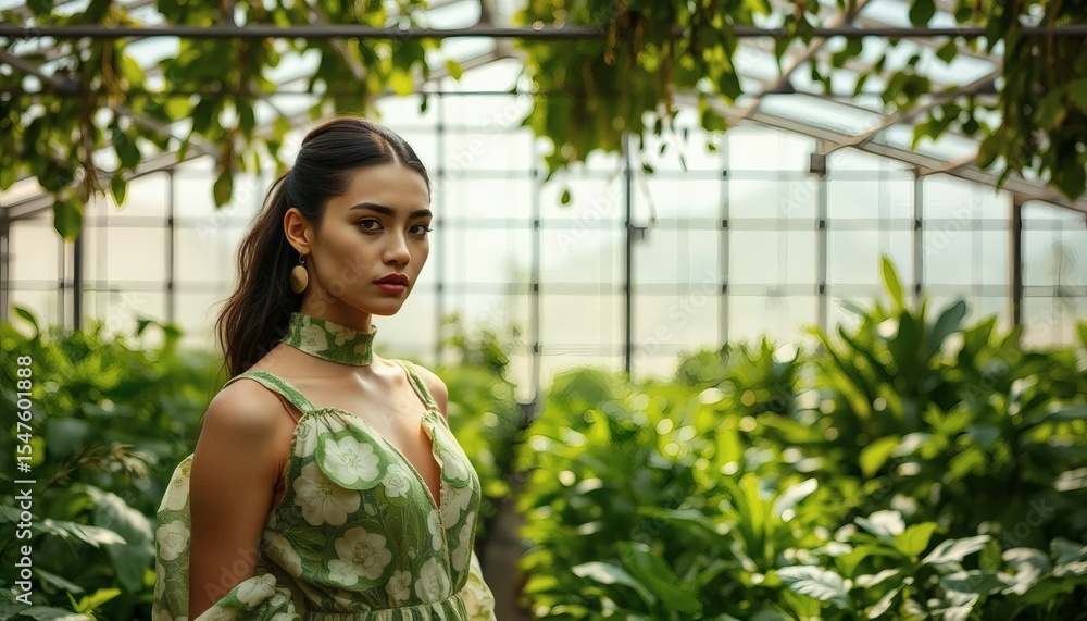Woman in a Green Dress Posing in a Lush Greenhouse with Plants Woman in a Green Dress Posing in a Lush Greenhouse with Plants
