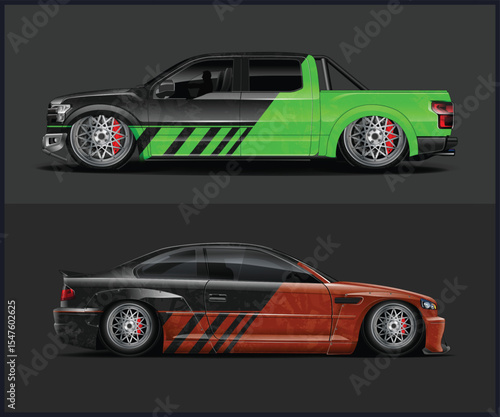 Modern sports car with two tone red and blue paint scheme on a bold red and white background