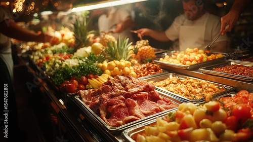Fototapeta Naklejka Na Ścianę i Meble -  People group catering buffet food indoor in restaurant with meat colorful fruits and vegetables