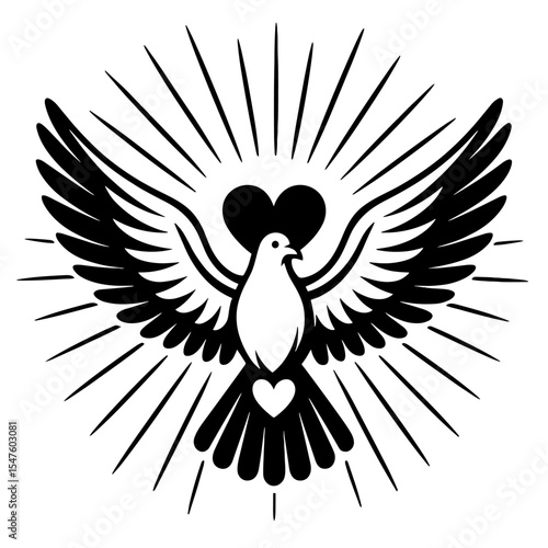 Dove with Heart and Radiating Light Beams in Symbolic Monochrome Design  
