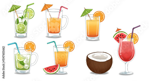 Set flat lay vector illustrations of tropical summer drinks icons; glass cups and coconuts, mojito, orange juice, lemonade, watermelon smoothie, with fruit slices and leaves - summer drinks concept