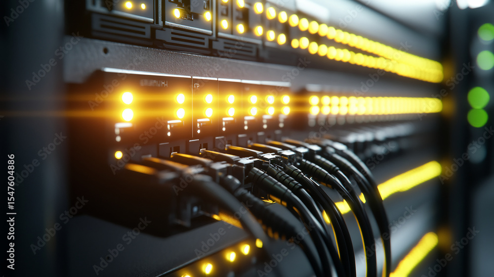 Naklejka premium Server rack with fiber optic cables attached to panel switch ports. Electric cables and wires representing fiber optic internet equipment for a data center