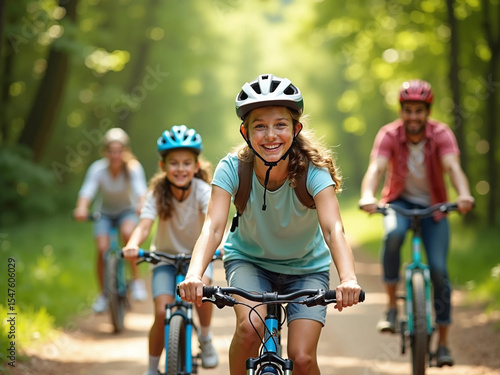 Teenage Girl and Little Brother Cycling Outdoors with Parents