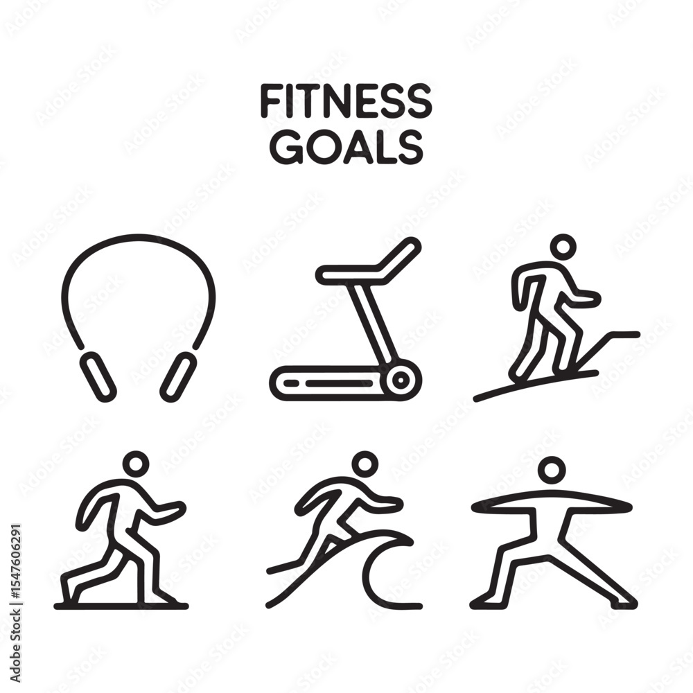 Fitness goals icons and activities in minimalist outline style Fitness goals icons and activities in minimalist outline style