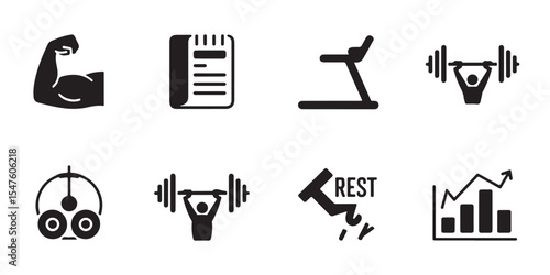 Fitness and workout icons in minimalistic black style