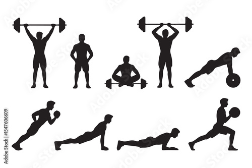 Fitness workout silhouette illustrations of exercising and training