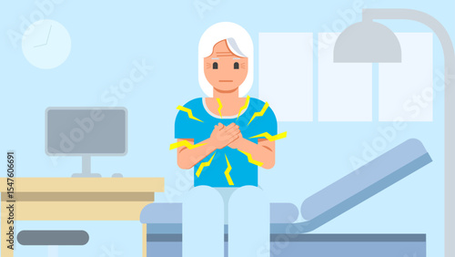 Old senior Woman having chest pain in a clinic background, vector illustration.