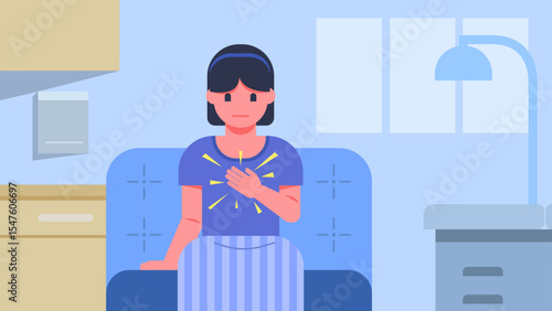 Asian woman having chest pain sitting in clinic room background,vector illustration.