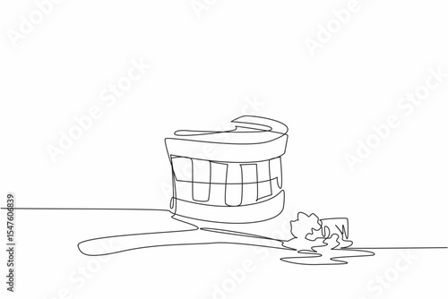 Single one line drawing dentures with bloody toothbrush. The consequences of brushing the teeth incorrectly. Gingivitis. International Scurvy Awareness Day. Continuous line design graphic illustration