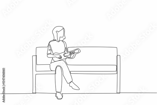 Single continuous line drawing a woman sitting on a park bench playing the ukulele. Chasing away loneliness. Playing to entertain. National Play Your Ukulele Day. One line design vector illustration