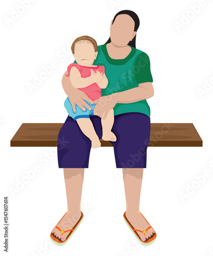 Mother carries baby sitting on a wooden board,vector design