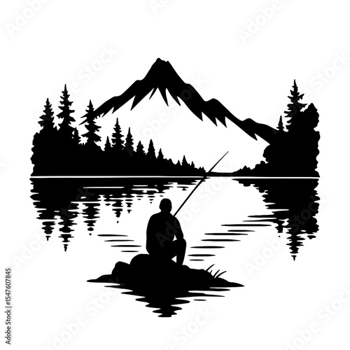 Kayaker in Mountain Lake Scene with Forest Reflection Black and White Vector  
