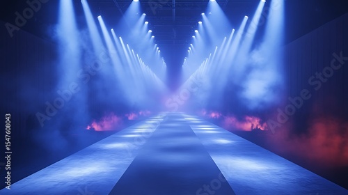Fashion runway stage with blue lighting and smoke effects presentation or event backdrop design template