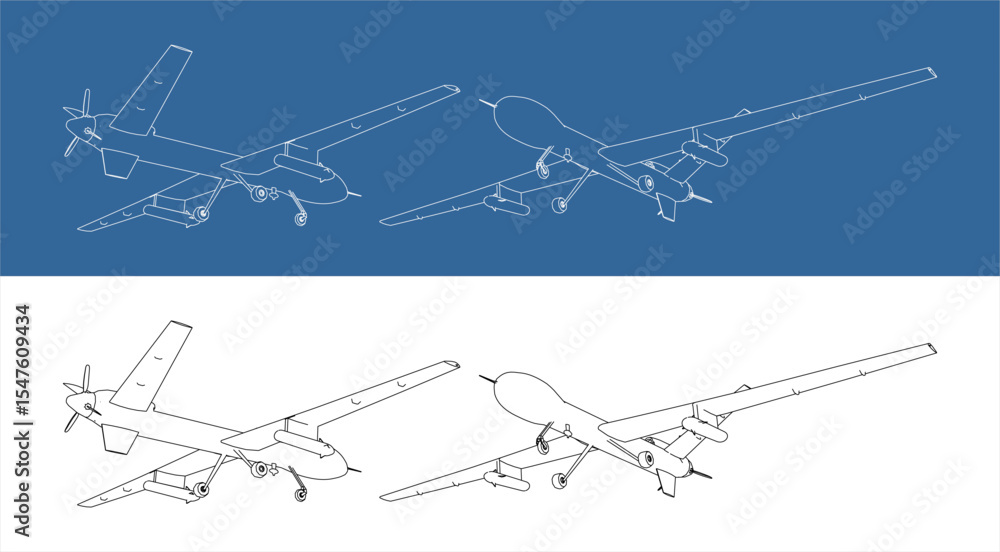 Fototapeta premium UAV Drones blueprint technical line drawing Isometric view set . Unmanned Military Drone isolated on blue and transparent background