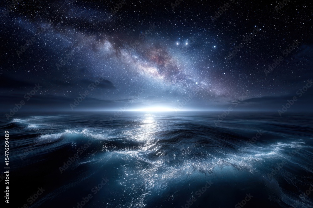 Fototapeta premium Night view of the ocean under a starry sky with a glowing horizon