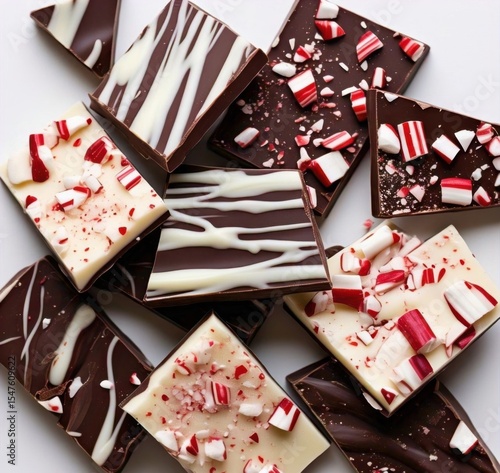 A close up of assorted chocolate squares with white chocolate and candy cane pieces scattered around them