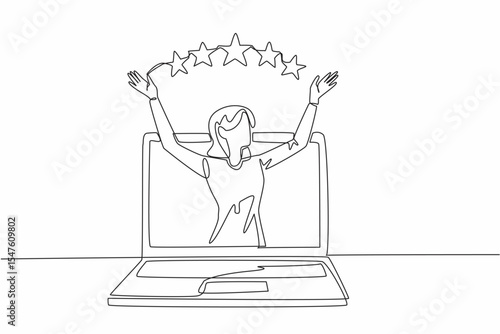 Continuous one line drawing a woman raised her hands and above them were 5 stars. Satisfactory grades make reputation rise. Excellent. Write a Review Day. Single line draw design vector illustration