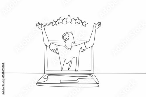 Single continuous line drawing man raised hands and above them were 5 stars. Increase credibility. Very satisfying. Captivating performance. Write a Review Day. One line design vector illustration
