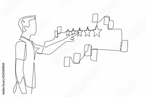 Single one line drawing man points to a wall with lots of paper notes scattered around it. Good review. Raise the profile. Feedback. Write a Review Day. Continuous line design graphic illustration