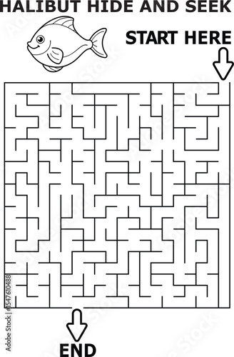 Halibut Hide and Seek Maze Game Black and White Cartoon Fish