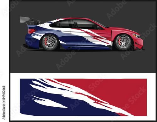 Modern sporty car wrap design with dynamic green and blue abstract graphics
