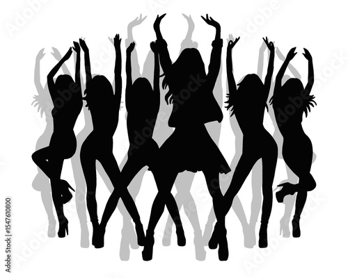 Silhouette of female idol group, group of beautiful women dancing and partying, icon isolated on white background
