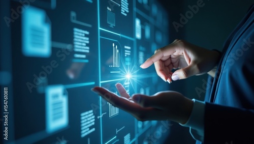 Las manos femeninas hacen un gesto deliberadamente sobre una pantalla táctil transparente, brillante y futurista