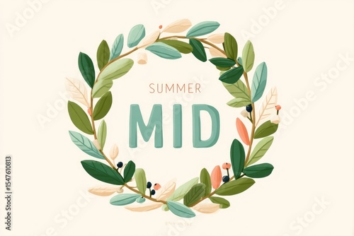 Midsummer Hand-Lettered Quote Surrounded by a Delicate Wreath of Herbs and Leaves in Pastel Colors