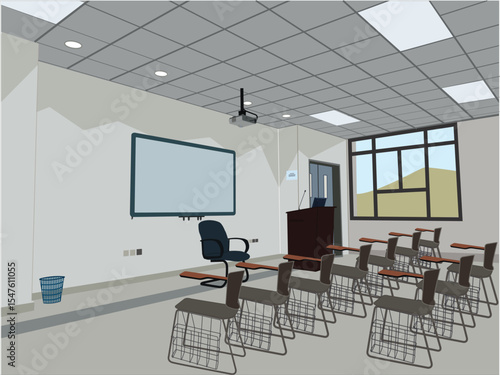 Modern Classroom Interior - Empty Lecture Theatre with Student Desks	
