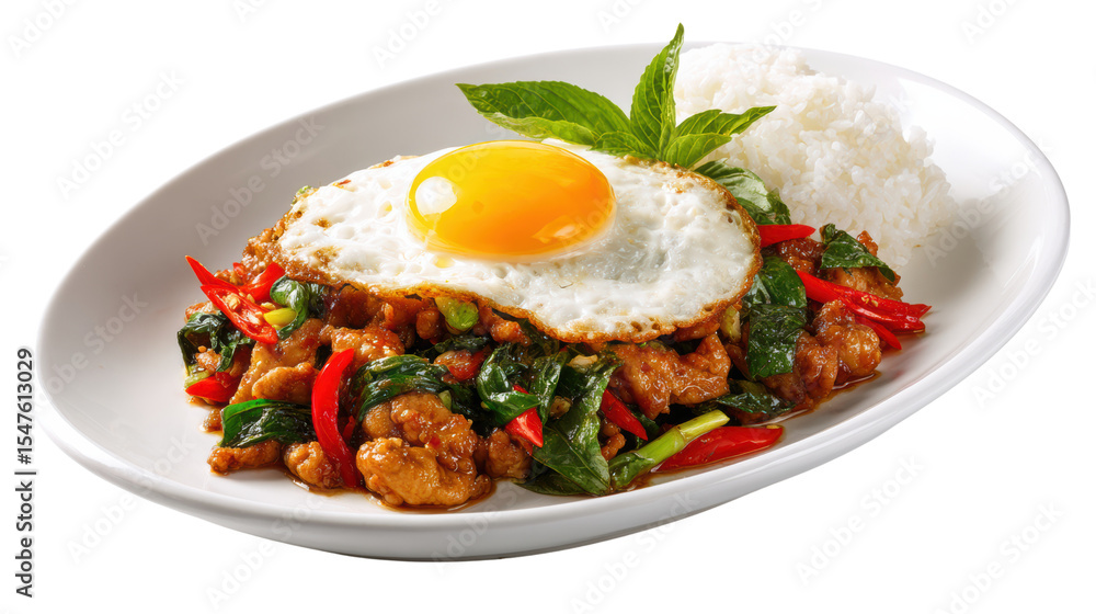 Delicious fried egg with spicy chicken and vegetables on a plate, white isolated background. Delicious fried egg with spicy chicken and vegetables on a plate, white isolated background.