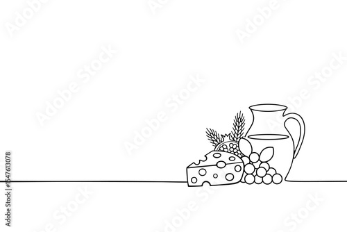 Line drawing of dairy products and fresh vegetables and fruits on white background. Holiday banner template for advertising farming, stores and natural eco production, autumn festival,Shavuot.