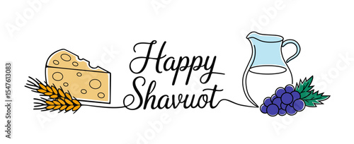 Greetings banner template with milk, wheat, and gifts of nature greetings. Festive background and invitations for Shavuot and Shavuot Sameach, springtime or autumn on white background.