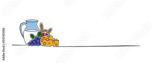 Greetings banner template with milk, wheat, and gifts of nature greetings. Festive layout background and invitations for Shavuot and Shavuot Sameach, springtime or autumn with copy space