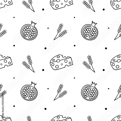 Seamless pattern with pomegranate, cheese and wheat on a white background. Doodle style ornament for printing on fabric, textile and wrapping for autumn festival, harvest, advertising of farm products