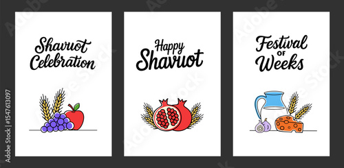 Set of modern minimalistic greeting cards with milk, pomegranate, wheat and gifts of nature greetings. Festive vertical background and invitations for Shavuot and Shavuot Sameach, springtime or autumn