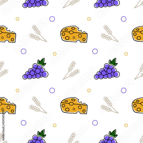 Seamless pattern with grapes, cheese and wheat on a white background. Doodle style ornament for printing on fabric, textile and wrapping for autumn festival, harvest, advertising of farm products
