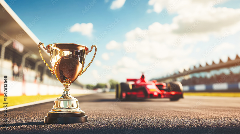 Obraz premium Golden cup trophy standing on the track at Formula 1 red racing car. F1 constructors championship, world champion, Grand prix winner. F1 red car with golden prize for the first place