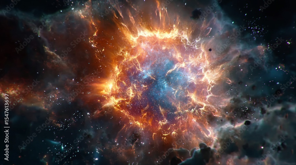 Naklejka premium Cosmic Nebula Explosion: Vibrant Orange and Blue Glowing Nebula in Dark Space