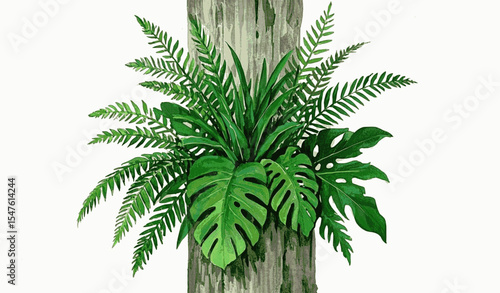 Arboreal Harmony Plants grow on tree trunks isolated watercolor vector illustration svg