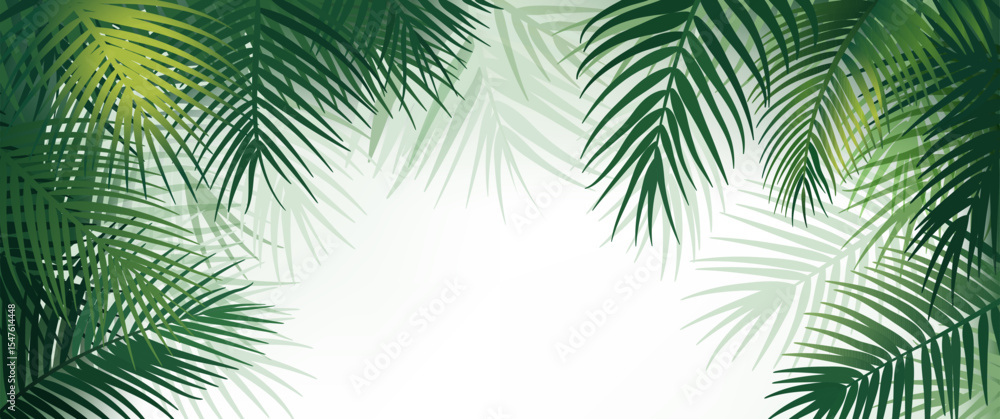Abstract tropical background with palm branches, green leaves of different tones with silhouette contours.