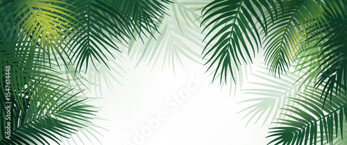 Abstract tropical background with palm branches, green leaves of different tones with silhouette contours.
