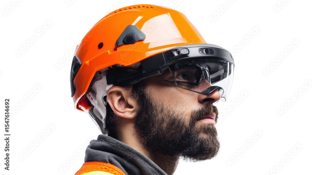 Fototapeta premium Profile of a man wearing orange safety helmet and glasses, focused and prepared for work.